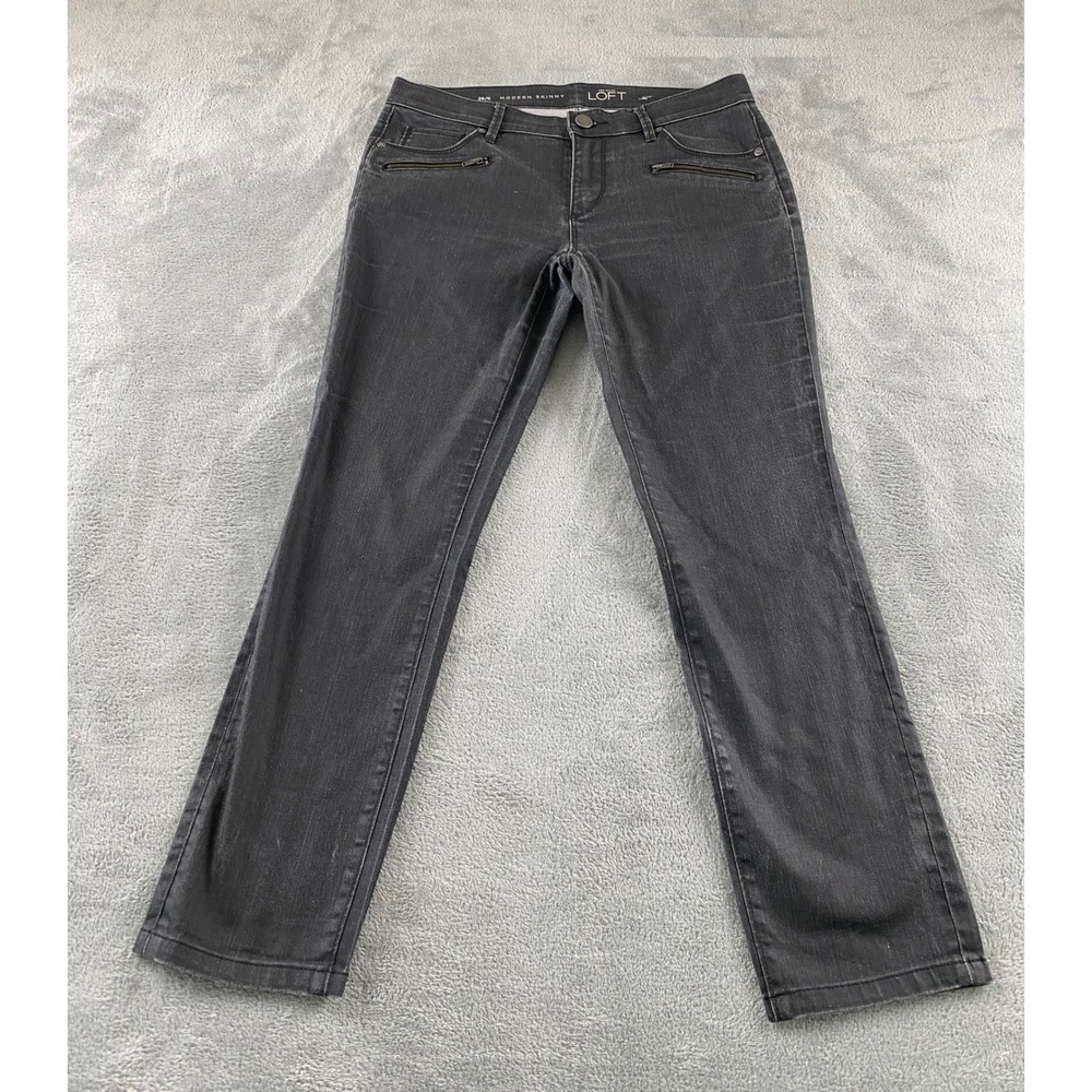 Ann Taylor Loft Modern Skinny Jeans Charcoal Gray Faded Denim Size 28/6 Moto Zip